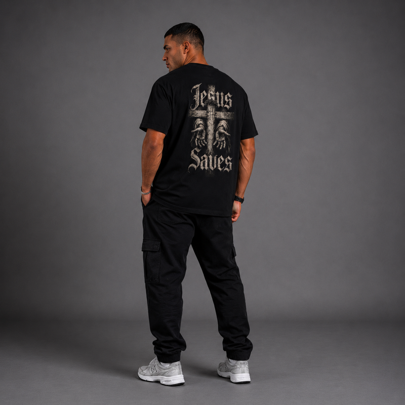 Navy - Jesus Saves Cross Graphic T-Shirt