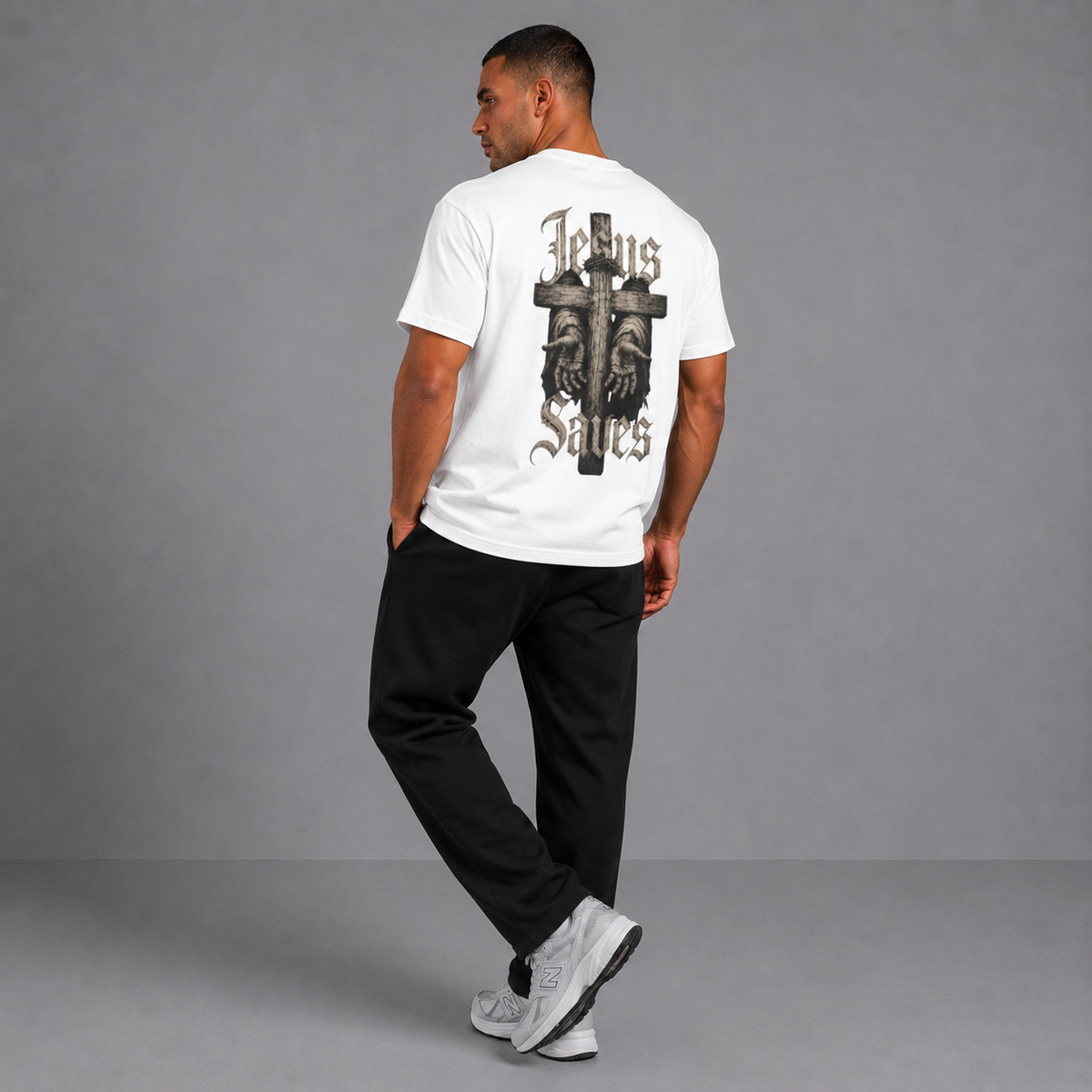 White - Jesus Saves Cross Graphic T-Shirt